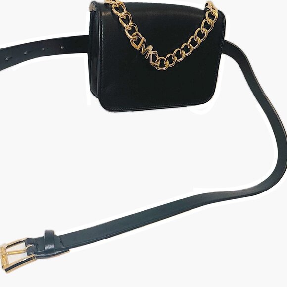 Michael Kors Black Belt Bag Waist Pouch Fanny Pack Gold Logo Chain Adjustable - Picture 1 of 9
